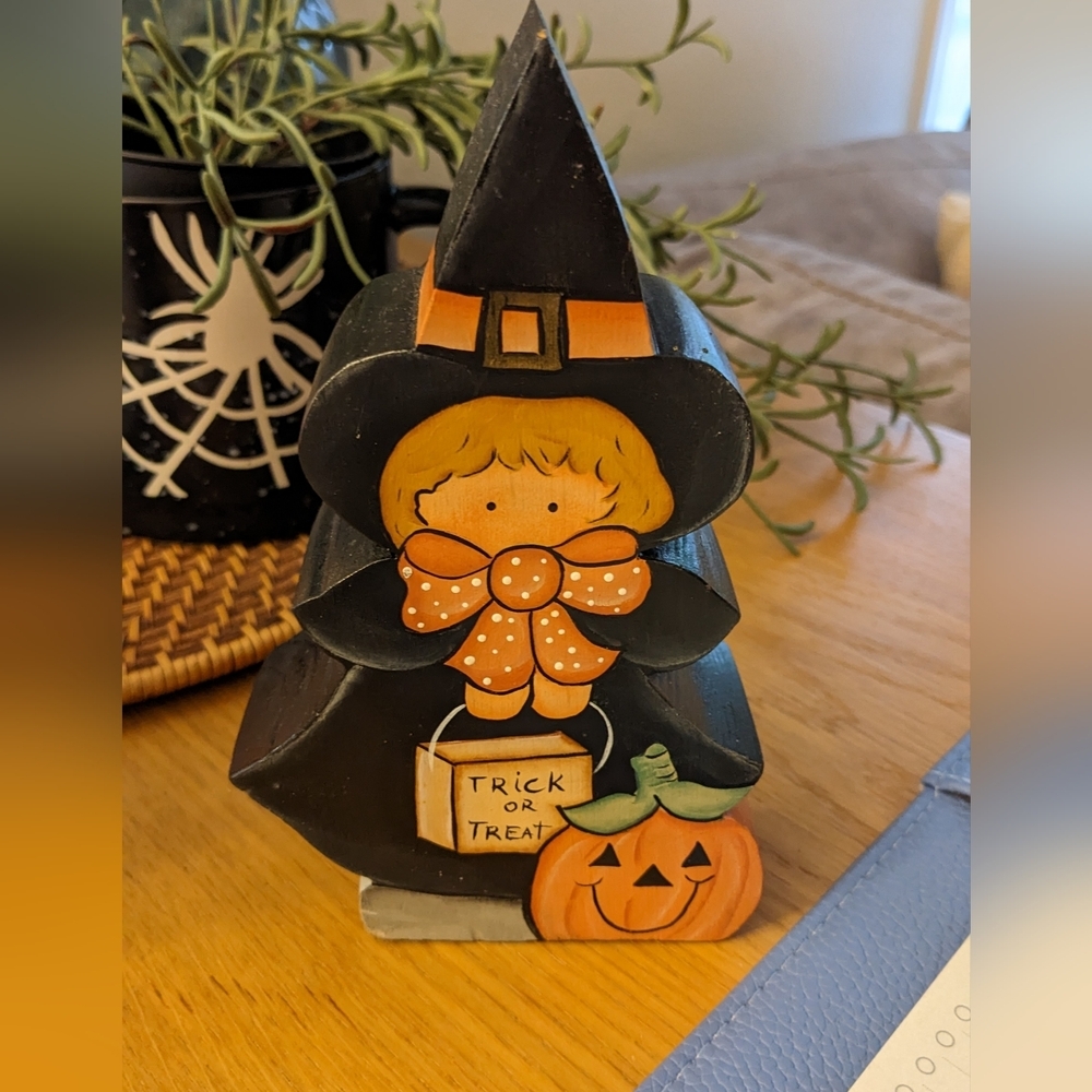 Halloween Trick Or Treater Witch Handpainted Shelf Sitter with Pumpkin